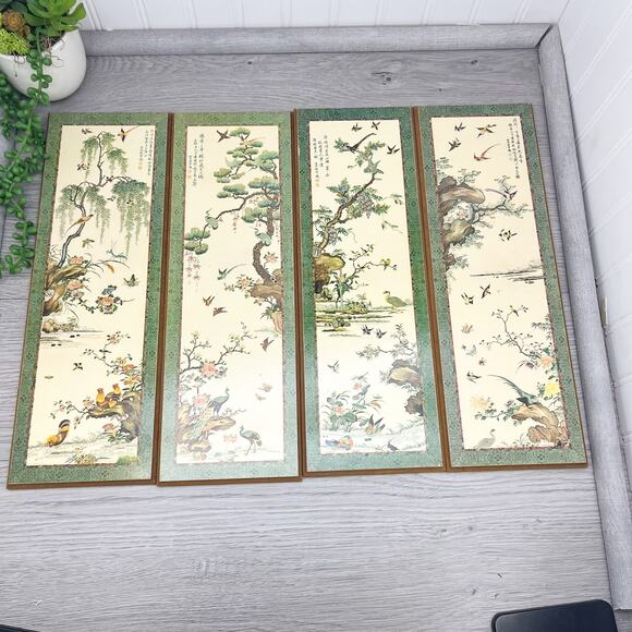 4 Large Mid Century Wood Panels Asian Birds Prints Evangeline Paint 1963 15 x 5" - Picture 8 of 9